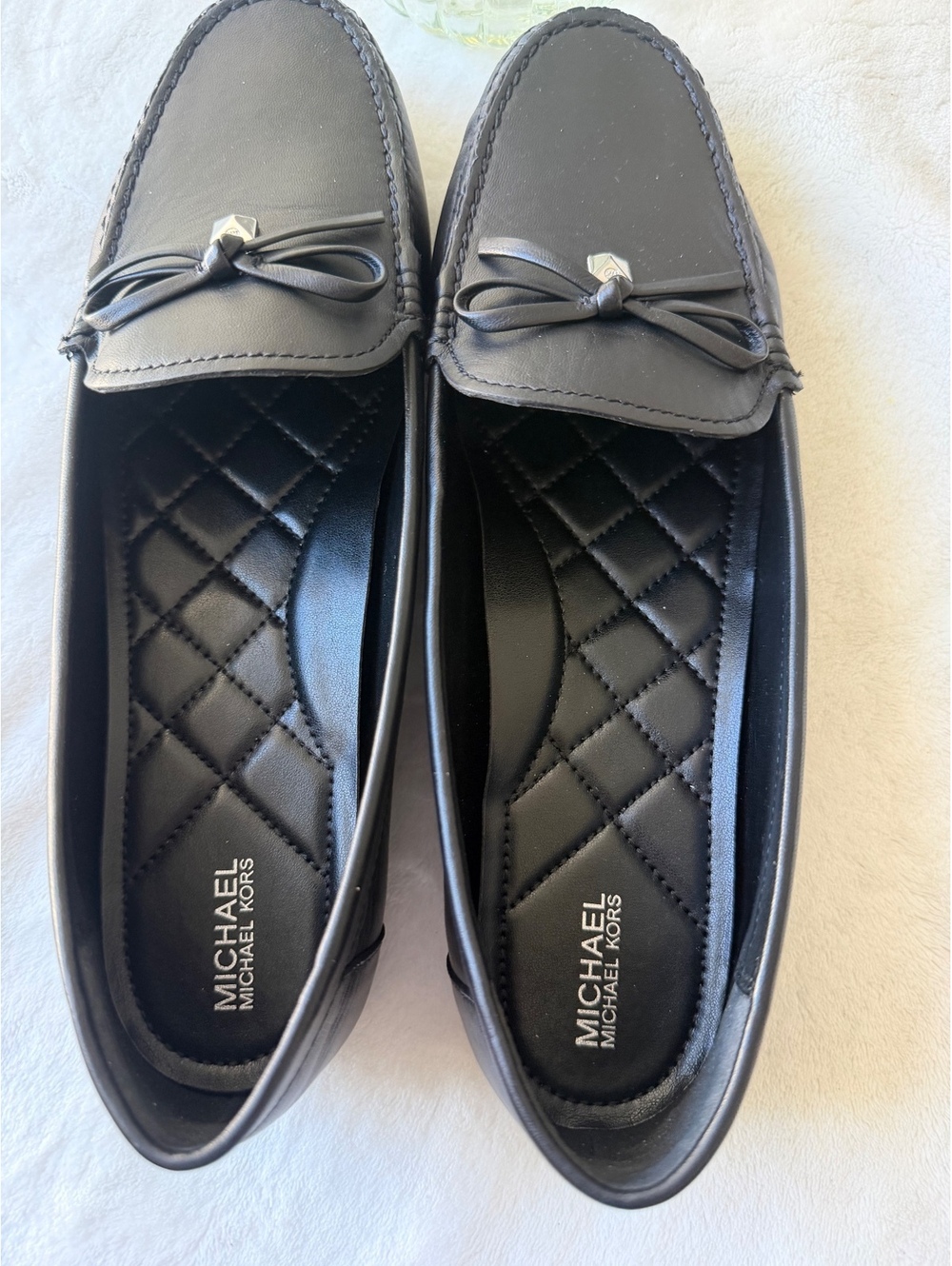 Michael Kors Black Leather Loafer Flats with Bow Accent